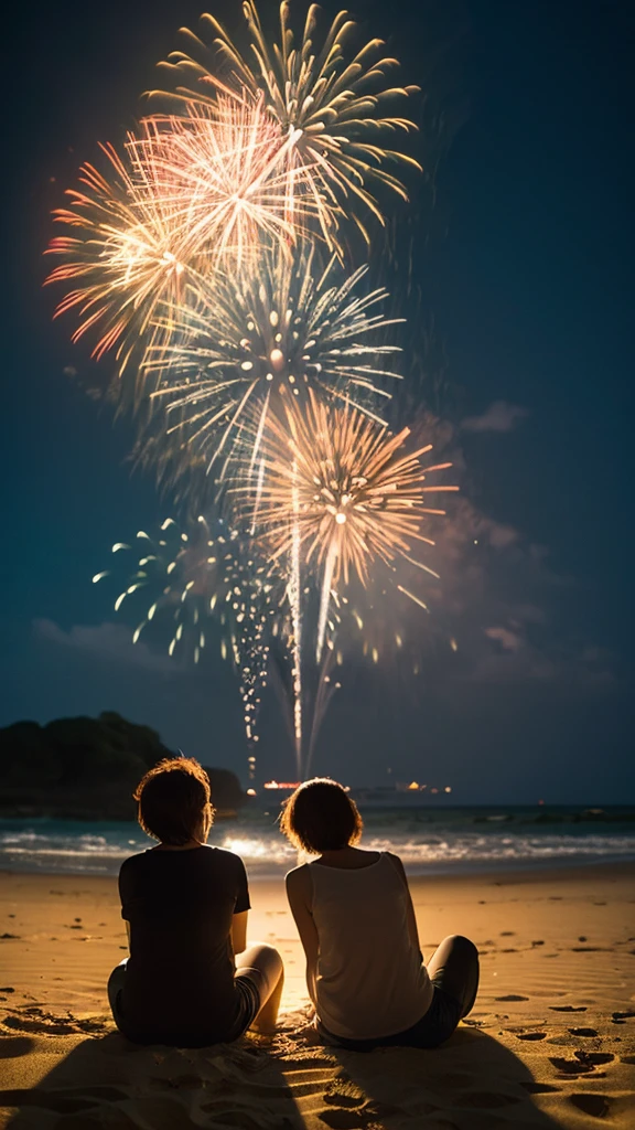 On a sandy beach in Japan on a summer night、Sitting on the sand、Two Japanese men and women watching fireworks。His back is turned towards me。Men and women in their late 20s,
Detailed、8K、Works by professional photographers、wallpaper、Detailed Characters、detailed background、detailedLight、Delicate lighting、Nostalgic atmosphere、Film-like photo. The surroundings are dark, but the light from the fireworks spreads beautifully. Fireworks are golden。There are no fireworks on the ground。