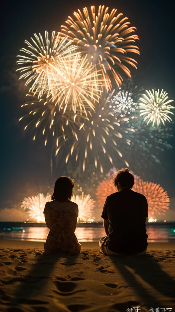 On a sandy beach in Japan on a summer night、Sitting on the sand、Two Japanese men and women watching fireworks。His back is turned towards me。Men and women in their late 20s,
Detailed、8K、Works by professional photographers、wallpaper、Detailed Characters、detailed background、detailedLight、Delicate lighting、Nostalgic atmosphere、Film-like photo. The surroundings are dark, but the light from the fireworks spreads beautifully. Fireworks are golden。There are no fireworks on the ground。