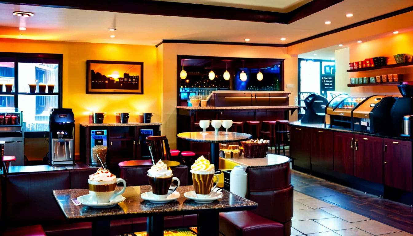 a cozy night time at a coffe interior with cozy lighting and sweets in the shelves. There are coffee cups in the tables. a cash machine and a coffee maker machine in the counter,There is a big window in the middle of the coffeeshop and the outside view is the city at night