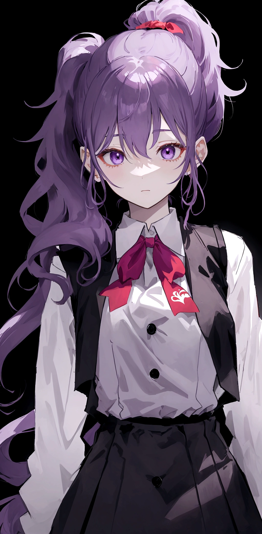 masterpiece、Highest quality、Pale purple hair、ponytail（The ends of my hair are curled）、uniform、Black vest、White shirt、Red ribbon on chest