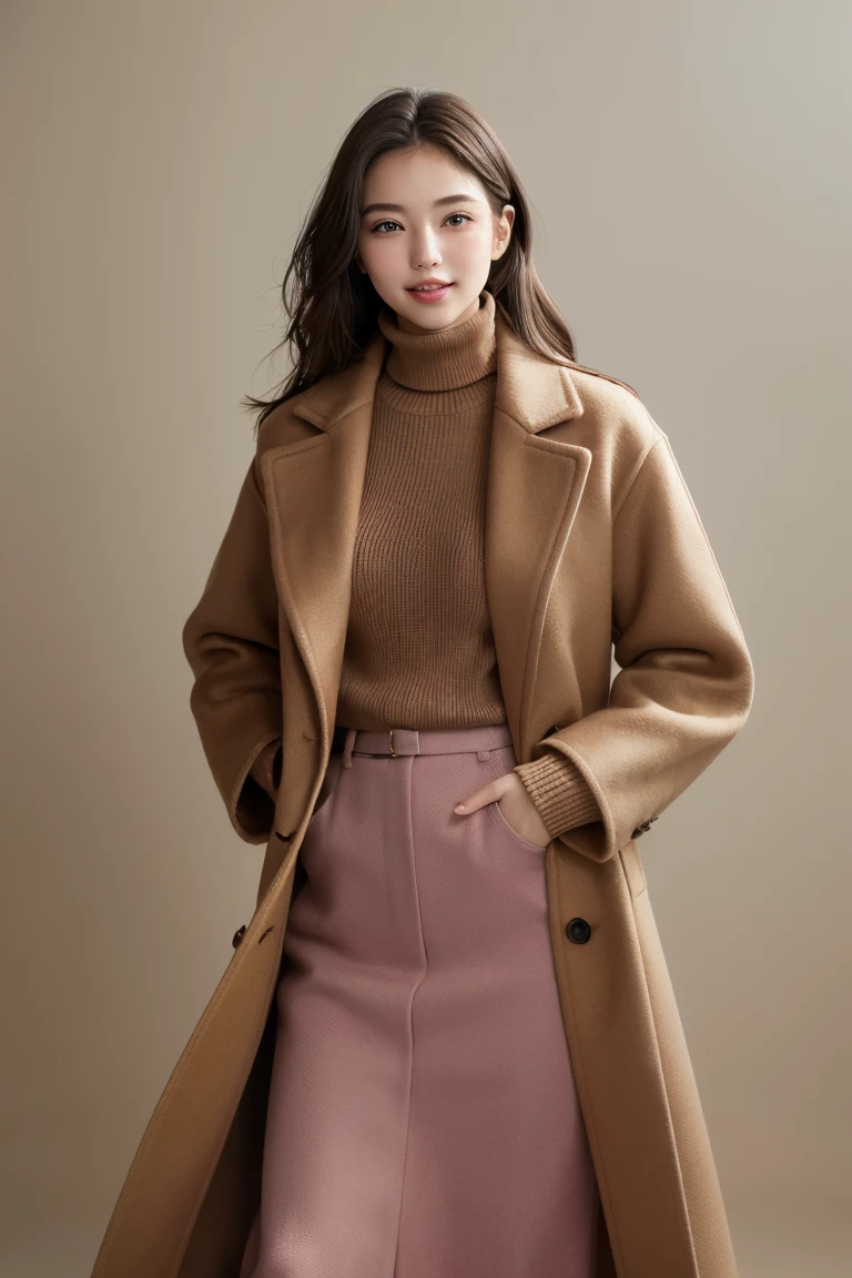 (Highest quality、masterpiece、8K、Best image quality、Hyperrealism、Award-winning works)、1 Girl、(A perfect and elegant brown coat made from heavy Melton fabric.:1.3)、The perfect pink turtleneck knit sweater、(wearing a knitted sweater under one&#39;s coat:1.1)、Soft indirect lighting、Soft and delicate light、Dramatic lighting effects、(Huge breasts:1.2)、Glamorous Body、Accentuate your body lines、Romantic snowy night city、Romantic Christmas illuminations、Beautiful night view of the snowy city、The biggest smile looks at me、Sparkling fine snow、Beautiful snow reflecting light、Diamond dust、(Tyndall effect:1.1)、Beautiful snowy scenery、(that&#39;it&#39;s snowing:1.1)、(Snow in the hair:1.1)、Accurate anatomy、(Face close-up:1.1)、Beautiful glossy lipstick, Natural Color、Natural Makeup、Glossy Lips、Ultra HD glossy skin、ultra high definition radiation, Beautiful Skin、Moist and Beautiful Skin、Beautiful Skin glow、超高精細のGlossy Lips、Ultra-high definition sparkling eyes、(Beautiful perfect teeth in super high resolution:1.1)、Please smile widely and show your beautiful teeth.、(perfect beautiful teeth:1.1)