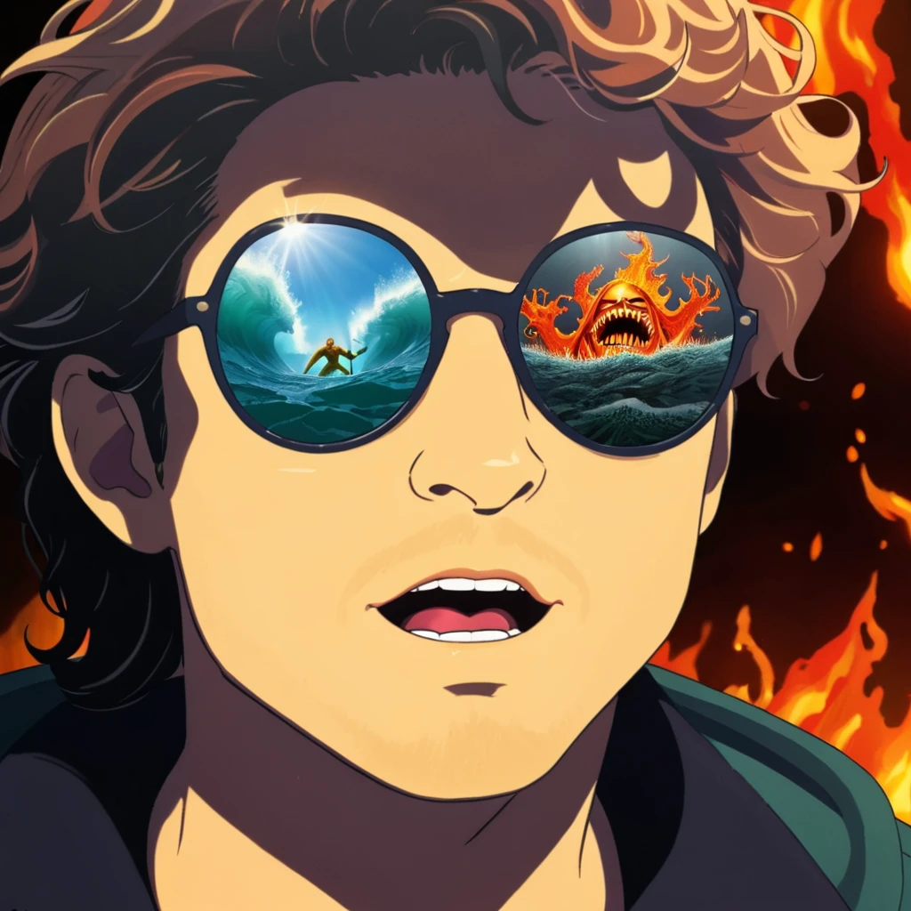 Aquaman, sunglasses reflection of duality ocean and inferno, wordless, visually hilarious, cohesive, intense meme that conveys overwhelming joy