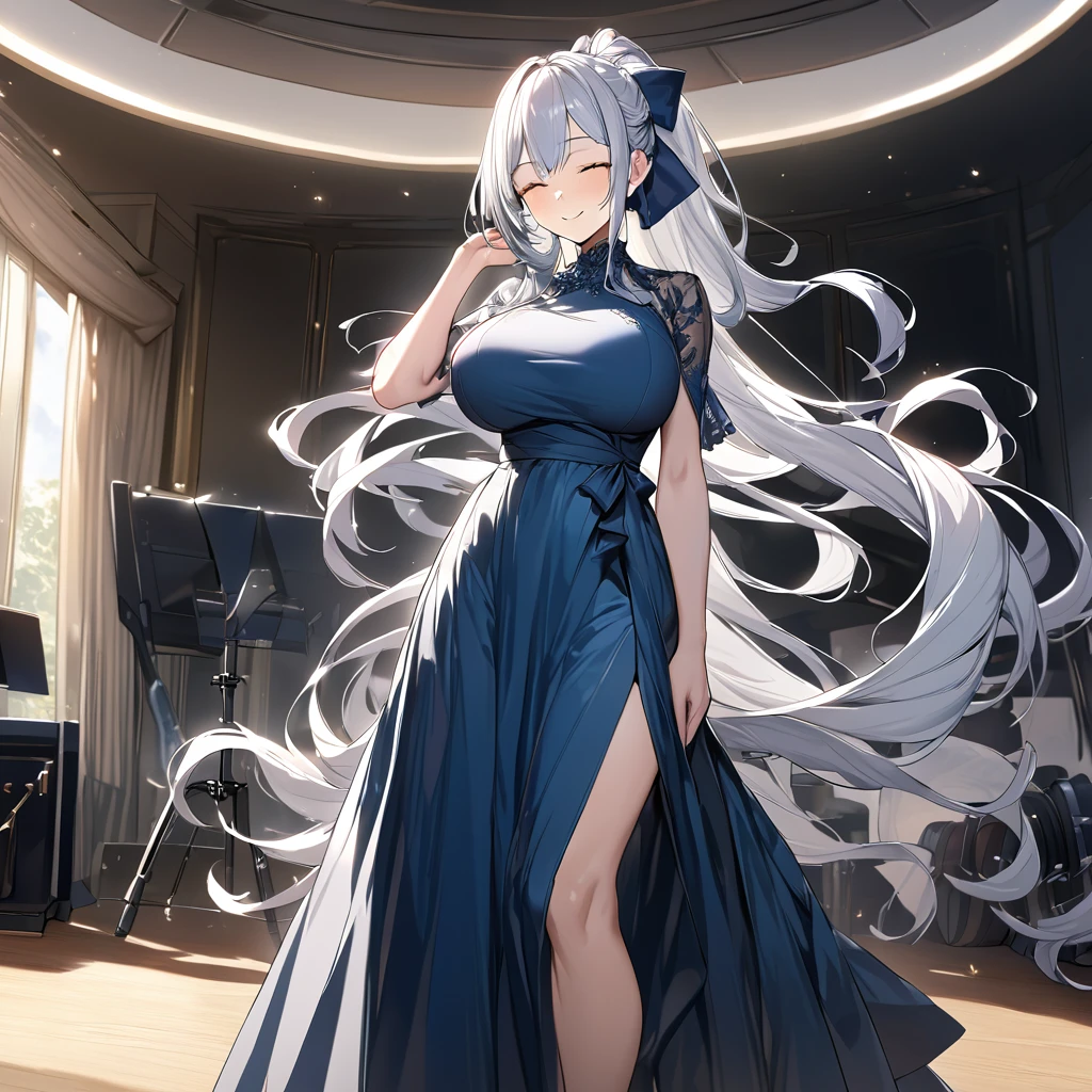 A woman with silver hair, wearing an oil blue dress, long hair, eyes closed, bow in her hair, ponytail hair, sophisticated dress, in a music room, smiling, body postured upright, black heels, big breasts,,UHD , prime work , accurate , anatomically correct , textured skin , super details , high quality , best quality, 8k, high resolution, bokeh effect. (woman alone)