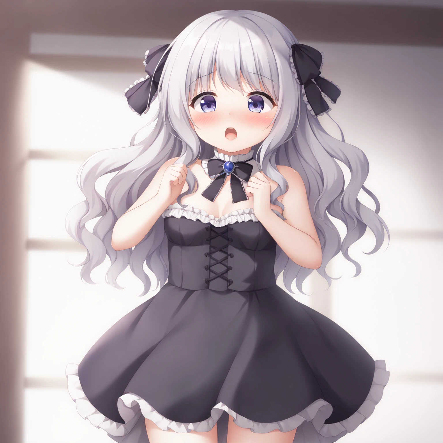 Cute beautiful girl、naked、Shocked, mouth open, blushing、Beautiful Lips、Beautiful Eyes、Short Gothic Lolita、The skirt is blown up by the wind、Wavy Hair、