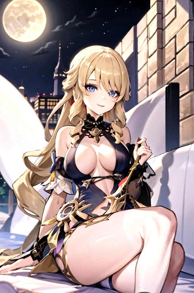1girl, navia \(genshin impact\), solo, light smile, looking at viewer, night, moon, depth of field, masterpiece