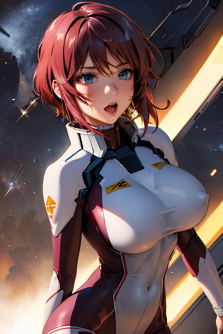 ((Highest quality、masterpiece、8K、Realistic、超High resolution、Very delicate and beautiful:1.4、High resolution、Cinema Lighting、Realistic style, Vibrant colors, High Contrast, Sharp details:1.6, 8K resolution))anime「Gundam SEED freedom」Detailed illustrations of female pilots featured in。she「compass」I belong to、((Light purple short hair:1.4))。she動きやすいようにデザインされた、He is wearing a futuristic and stylish pilot suit.。The suit has a highly technical look、Mr.々There is a panel、sheヘルメットを腕に抱えています。His expression was calm and determined.、It reflects her experience and skills.。The background suggests a high-tech hangar or space battlefield.。The overall style matches the aesthetics of the Gundam SEED series.、Pay attention to the details in the suit design and character features。(Big Breasts:1.4)
