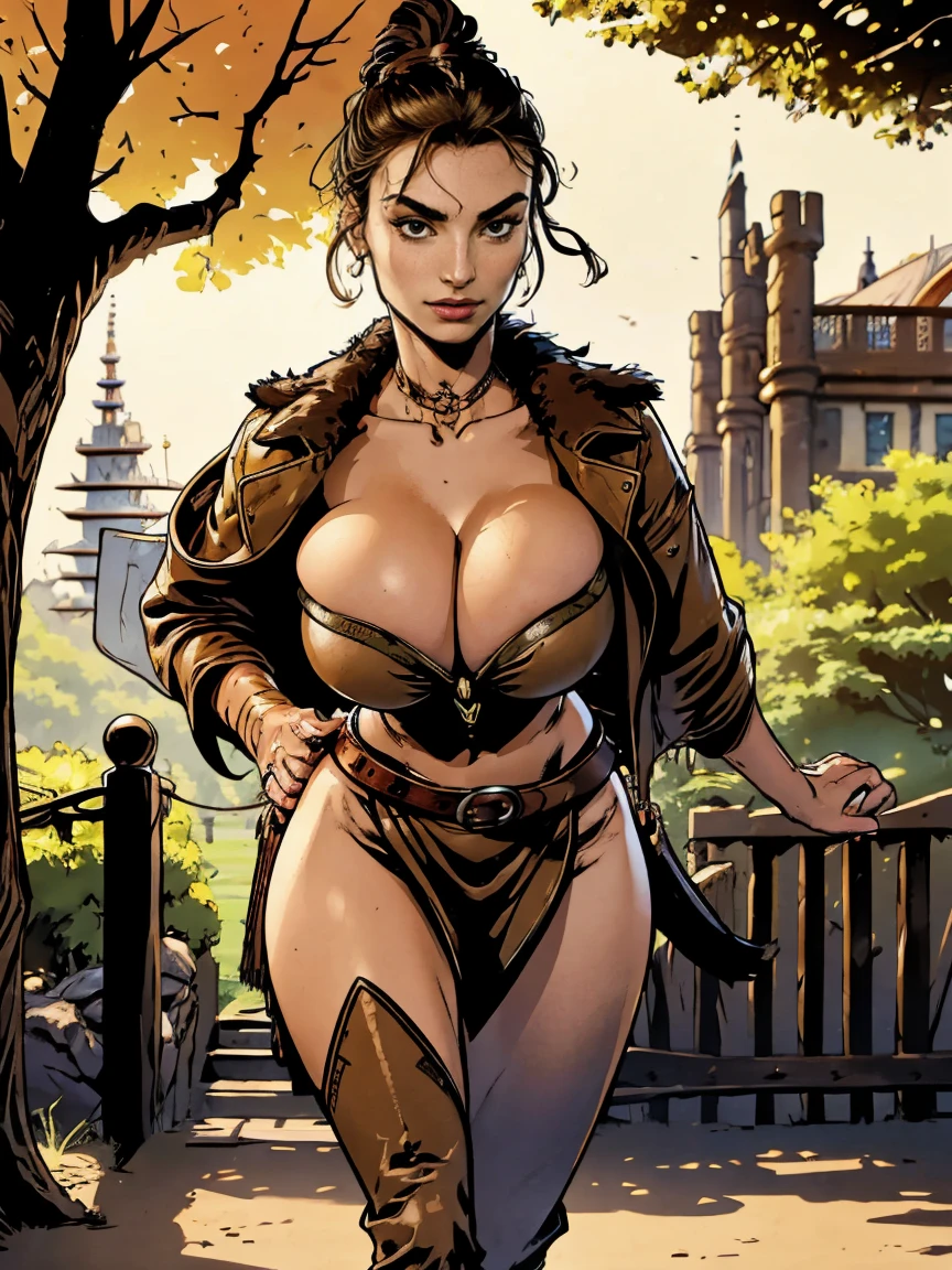 (masterpiece, top quality, best quality, official art, beautiful and aesthetic:1.2), (1girl:1.3), dark brown hair pulled back, topknot, braids, extremely detailed, portrait, looking at viewer, solo, (full body:0.6), detailed background, close up, facepaint, tribal tattoos, (warm summer Africa theme:1.1), view from below, seven feet tall, buff and busty giant barbarian queen, elegant face, long face, charlatan, smirk, mysterious, walking in savannah, revealing tribal attire, bare midriff, brown leather, fur lined clothes, long boots, buckles, straps, pouches, axes, tan fabric, brown leather, ((((gigantic breasts, skindentation, cleavage)))), (muscular), strong, cute belly button, toned tummy, slim waist, slim hips, long legs, muscular legs, (savannah exterior:1.1) background, dark mysterious lighting, shadows, magical atmosphere, dutch angle