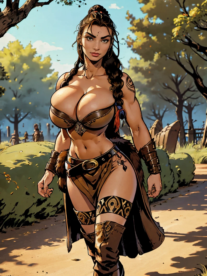 (masterpiece, top quality, best quality, official art, beautiful and aesthetic:1.2), (1girl:1.3), dark brown hair pulled back, topknot, braids, extremely detailed, portrait, looking at viewer, solo, (full body:0.6), detailed background, close up, facepaint, tribal tattoos, (warm summer Africa theme:1.1), view from below, seven feet tall, buff and busty giant barbarian queen, elegant face, long face, charlatan, smirk, mysterious, walking in savannah, revealing tribal attire, bare midriff, brown leather, fur lined clothes, long boots, buckles, straps, pouches, axes, tan fabric, brown leather, ((((gigantic breasts, skindentation, cleavage)))), (muscular), strong, cute belly button, toned tummy, slim waist, slim hips, long legs, muscular legs, (savannah exterior:1.1) background, dark mysterious lighting, shadows, magical atmosphere, dutch angle