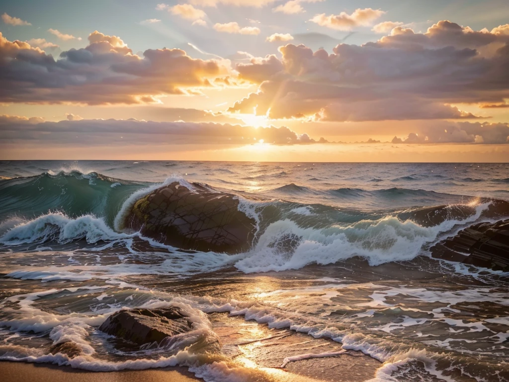 sunset over the sea, beautiful dramatic sky, sun setting over the ocean, waves crashing on the shore, sandy beach, rocks, seagulls flying, warm golden light, vibrant colors, (best quality,4k,8k,highres,masterpiece:1.2),ultra-detailed,(realistic,photorealistic,photo-realistic:1.37),landscape, cinematic,dramatic lighting,vivid colors,highly detailed