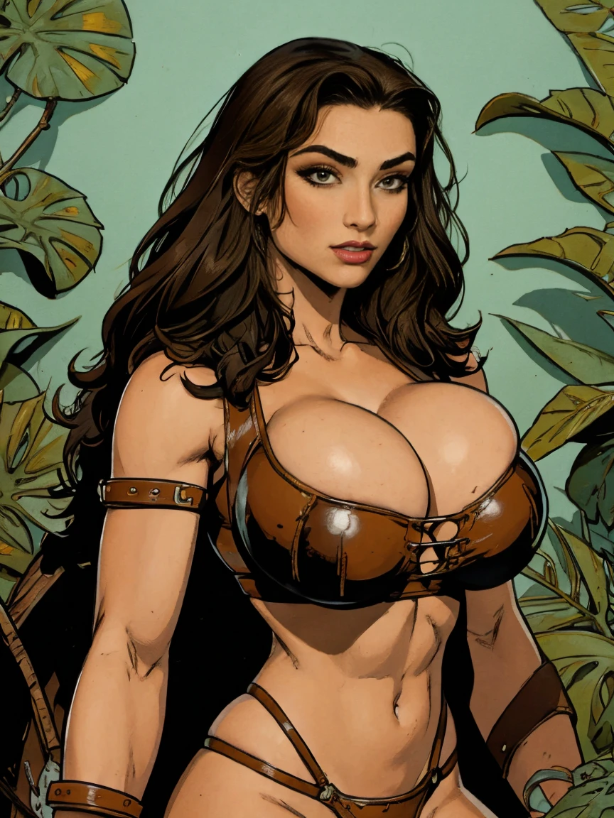 buff brunette barbarian queen, fur bikini, leather, jungle, gigantic breasts, cleavage