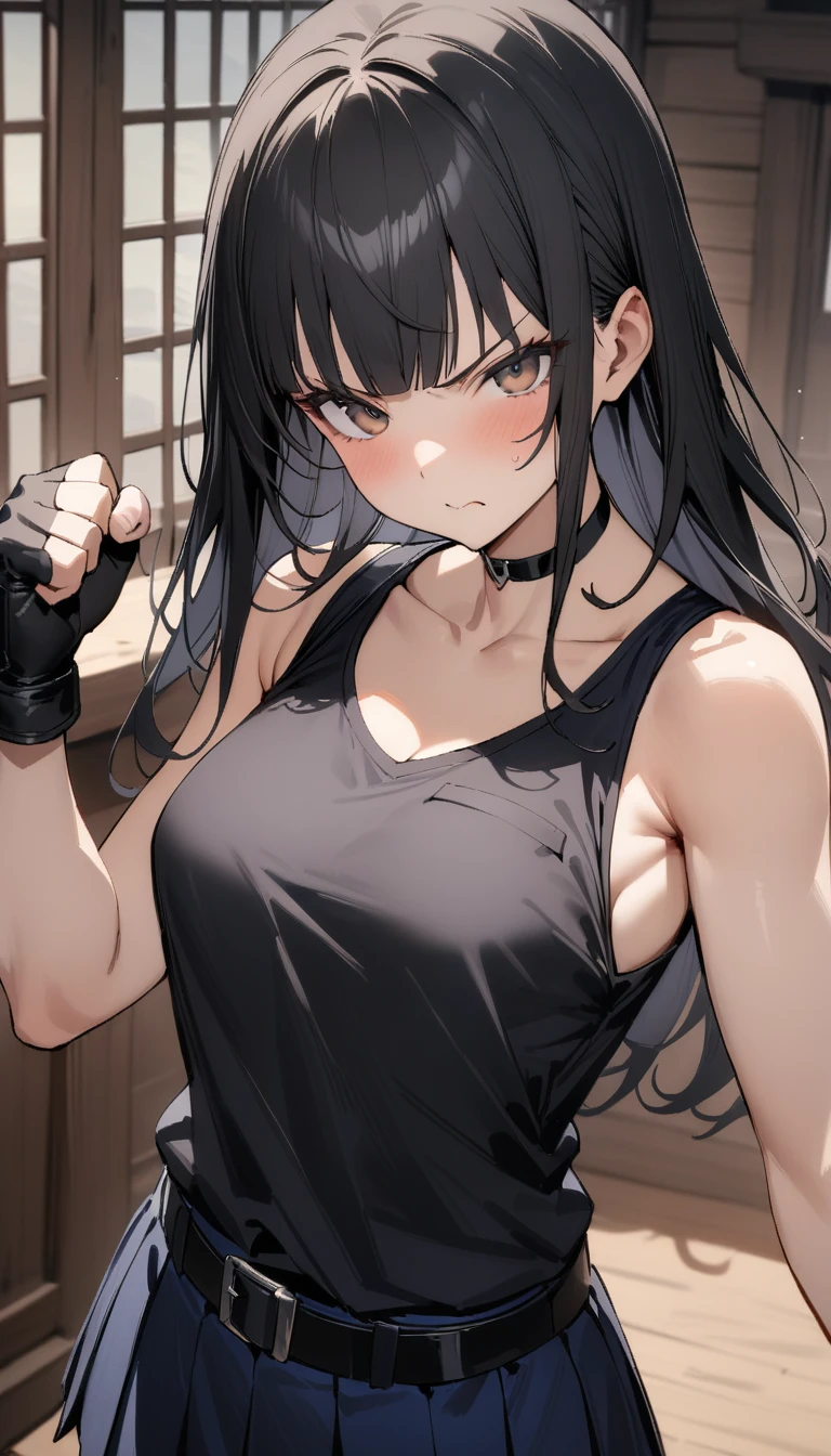 ((Highest quality)), ((masterpiece)), (detailed),cowboy shot , Rin々Policewoman　small breasts 　Mature Woman, ((A white sleeveless U-neck T-shirt with a black sleeveless western shirt style police uniform over it)),　Black choker,((clavicle))、Black long hair　Blunt bangs　black pleated mini skirt　black fingerless gloves　V-shaped eyebrows　Combat Stance　Black Belt　Clenched fist　Old tavern