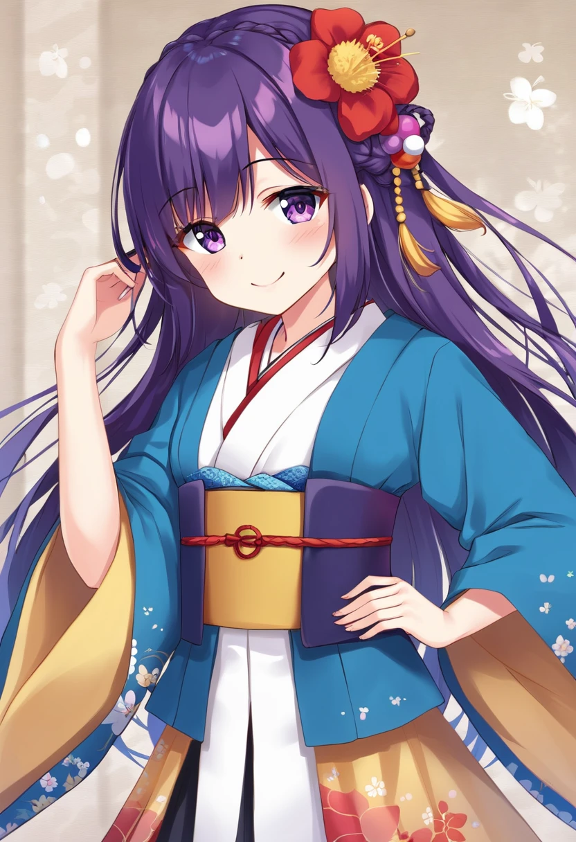  masterpiece, best quality, 1girl, solo, long hair, One braid hair, purple hair, Hair ornament, purple eyes, kimono, standing, chibi, smile, detail color, 