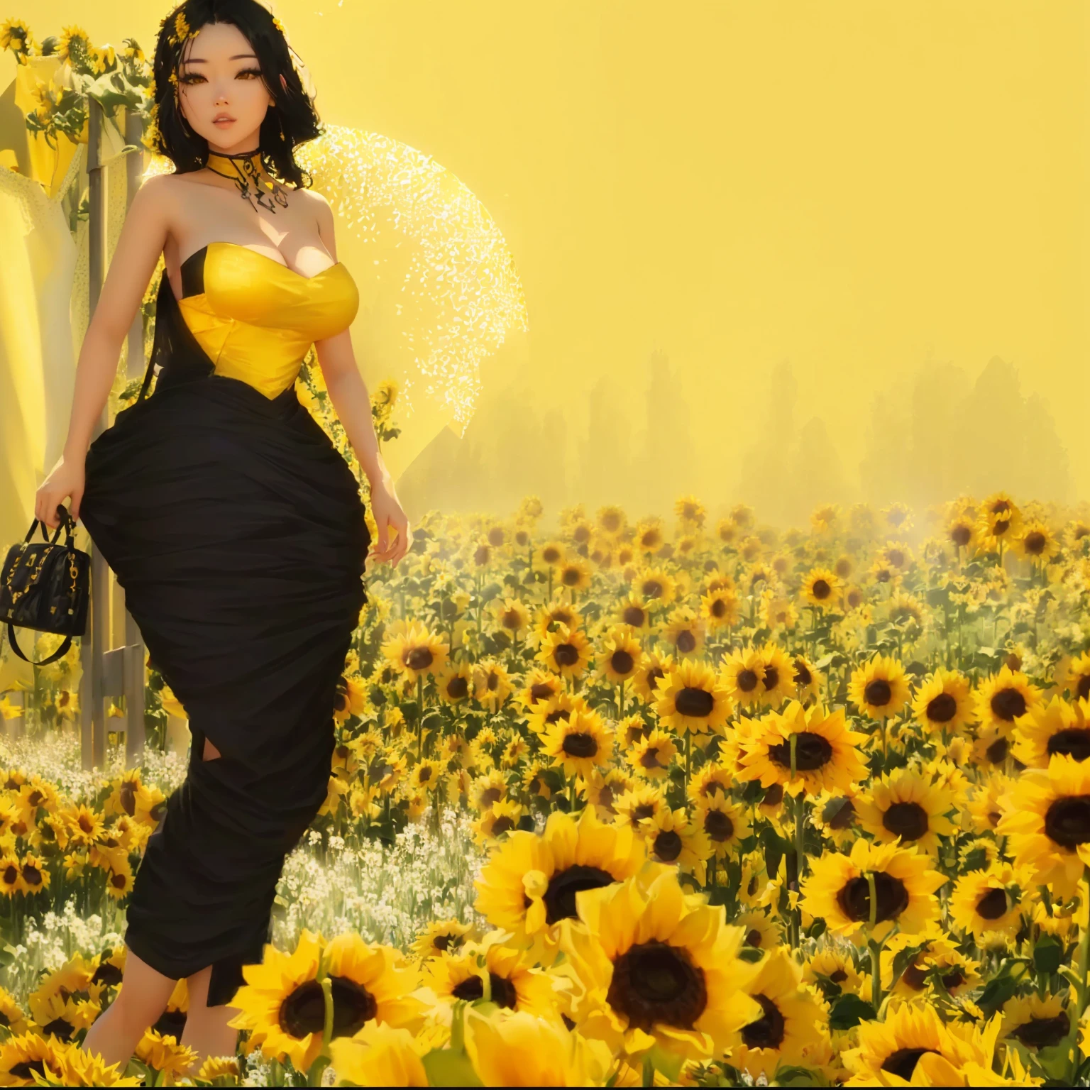 there is a woman standing in a field of sunflowers, scene : sunflower field, scene: sunflower field, sunflowers in the background, colors : yellow sunflowers, colors: yellow sunflowers, (((yellow))), surreal black and yellow, in a field of flowers, yellow and black, standing in a flower field, an aesthetic field of flowers, imvu, inspired by Yang J