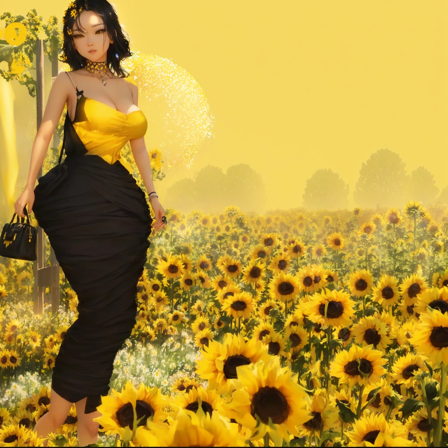 there is a woman standing in a field of sunflowers, scene : sunflower field, scene: sunflower field, sunflowers in the background, colors : yellow sunflowers, colors: yellow sunflowers, (((yellow))), surreal black and yellow, in a field of flowers, yellow and black, standing in a flower field, an aesthetic field of flowers, imvu, inspired by Yang J