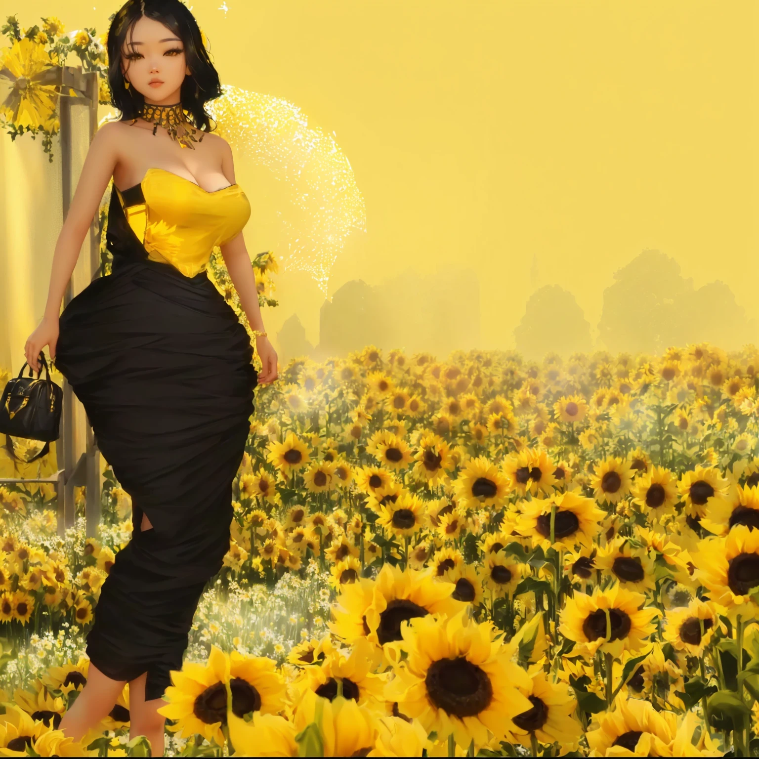 there is a woman standing in a field of sunflowers, scene : sunflower field, scene: sunflower field, sunflowers in the background, colors : yellow sunflowers, colors: yellow sunflowers, (((yellow))), surreal black and yellow, in a field of flowers, yellow and black, standing in a flower field, an aesthetic field of flowers, imvu, inspired by Yang J