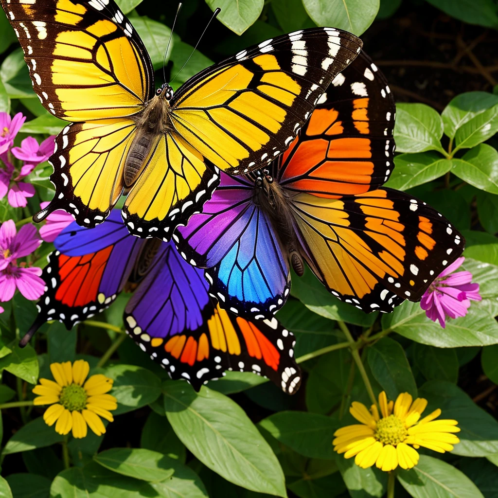 rainbow butterfly butterfly flies in the garden in front of the house