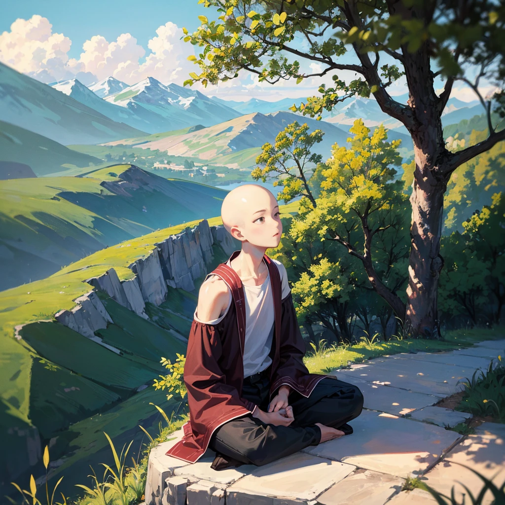 Bald seeker, meditating, under a tree, on a high mountain, behind are mountains big and small as far as the eye can see, calm, heal the mind.
