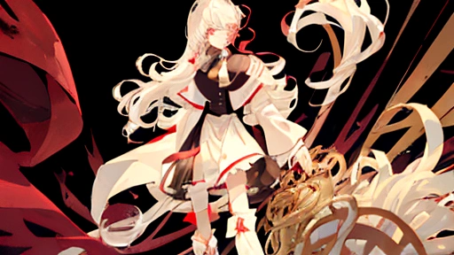 Puppet, wavy white hair, ruby eyes, flat chest, top hat, black vest, black skirt, white leggings, knee high boots, cane, bangs covering one eye
