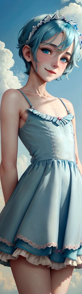 ((best quality)), ((masterpiece)), (detailed), femboy, blue aqua hair, blue eyes, short hair,( flat chest), thin body, cute face,blush on face, smile face, frilled dress, short dress , sexy pose, hot pose, sky background