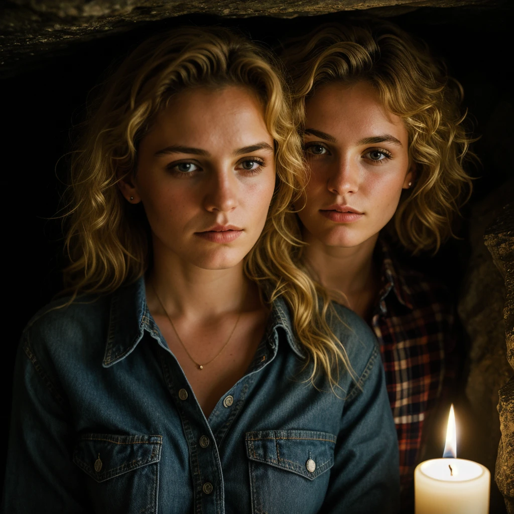 photograph of a woman, (troubled facial expression), textured skin, goosebumps, blonde afro hair, plaid flannel shirt with distressed boyfriend jeans, cowboy shot, dark and mysterious cave with unique rock formations and hidden wonders, perfect eyes, (candlelight,chiaroscuro), Porta 160 color, shot on ARRI ALEXA 65, bokeh, sharp focus on subject, shot by Don McCullin, big tits