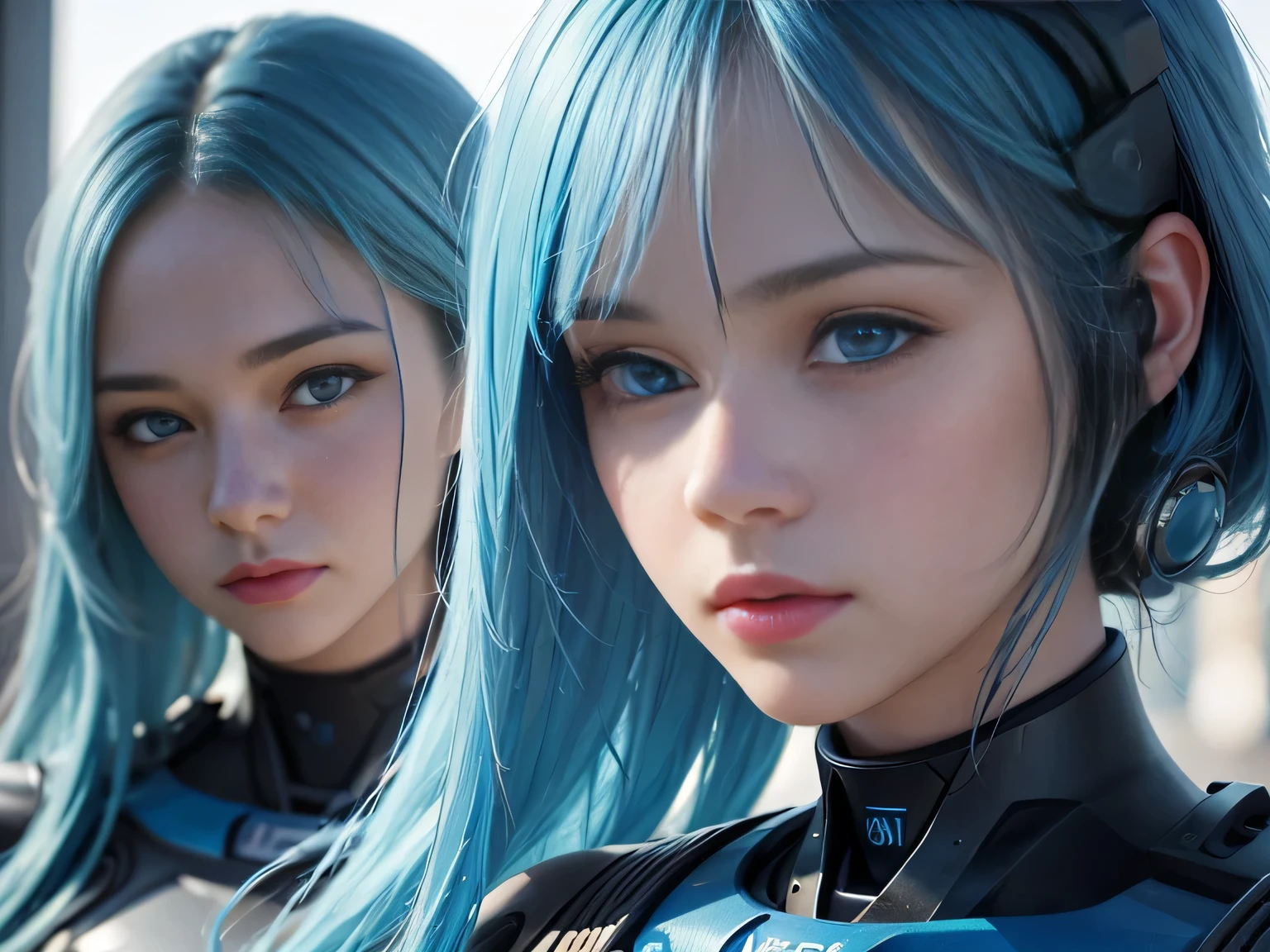 ((best quality)), ((masterpiece)), (detailed), 1girl, best quality, face focus, soft light, ultra high res, (photorealistic:1.4), RAW photo, blue hair, blue eyes, android, robot, Zoom in on face