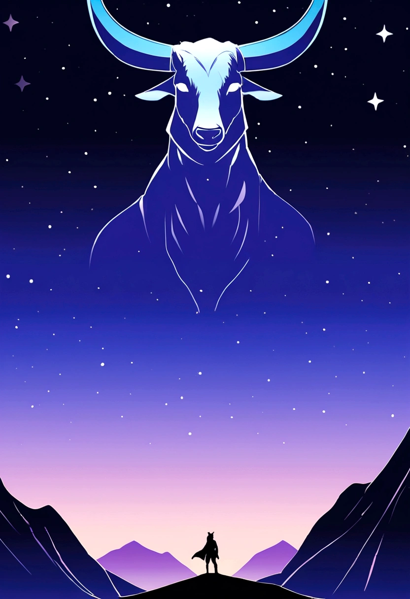 (( Simple logo design with gradient effect)), (vector art), (design minimalista), (gradient effect), Make it in a style like hand drawn sketch., use purple colors, dark blue, simple cyan blue and white line outline. (The logo is a simple representation of a wolf on top of a mountain with its head held high looking towards three stars in the sky.). Render the image as if the camera were viewing the scene from a position just below, giving the impression that the bull is slightly above the observer, But not far. Position the bull so that its torso faces the observer and its head in perspective looking at the stars above..