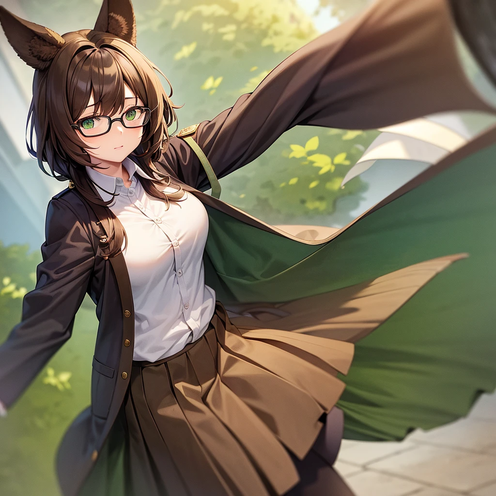 Dog girl student furry anime brown hair green eyes big breasts loose student uniform glasses long skirt loose jacket