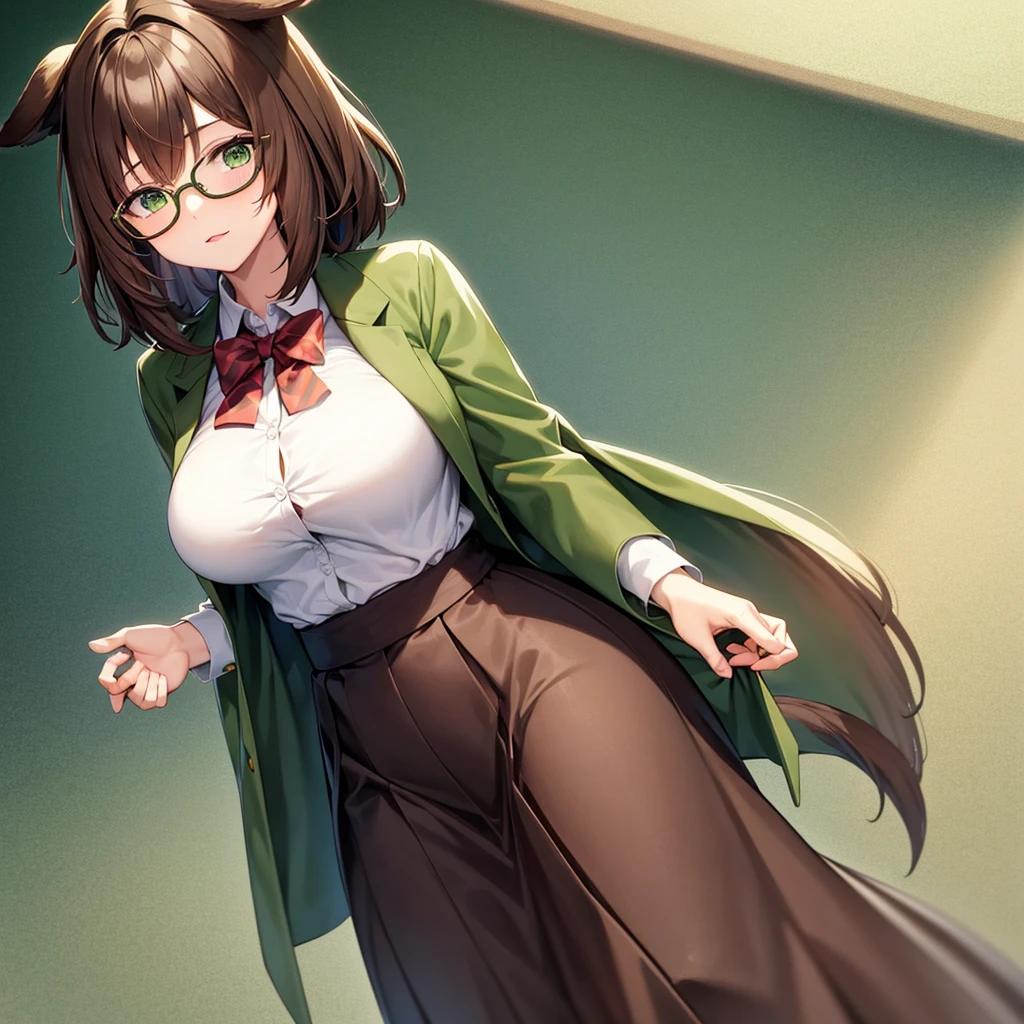 Dog girl student furry anime brown hair green eyes big breasts loose student uniform glasses long skirt loose jacket 