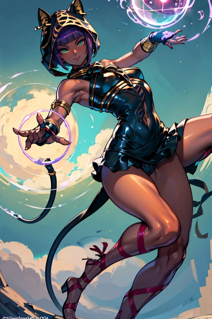 (i-balance-pose),best quality, absurdres, 1girl, beautiful legs, menat_holiday, crystal ball, light smile, dark skin, Green eyes, egyptian, bob cut, red dress, (black hood), black gloves,(shiny thighs),, tail, bell, bare shoulders,sexy thighs,close up,,solo,panty shot,evil smile,stretching,twisted body,thick thighs