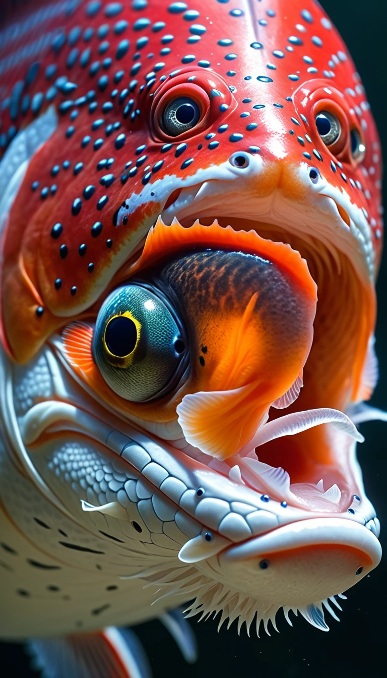 Panorama，河里有一种Mysterious Creatures：Red fish body，Fish head looks like a human face，Mysterious Creatures, shrike, (best quality，4K，8K，High level，masterpiece：1.2），Ultra Detailed，（lifelike，Photo real，Photo real：1.37），Highly detailed animals，Complex patterns，Realistic lighting，Fantasy Creatures