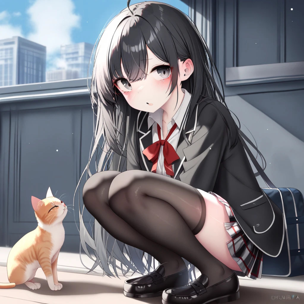1girl, gweda, blue archive, arona \(blue archive\), absurdres, official art, absurdres, yahari ore no seishun lovecome wa machigatteiru., yukinoshita yukino, 1girl, bag, black eyes, black hair, black jacket, black thighhighs, blazer, cat, copyright name, jacket, loafers, long hair, looking at viewer, parted lips, plaid clothes, plaid skirt, pleated skirt, school bag, , shoes, shoulder bag, skirt, sobu high , solo, squatting, thighhighs, ((very aesthetic, best quality, ultra detailed))