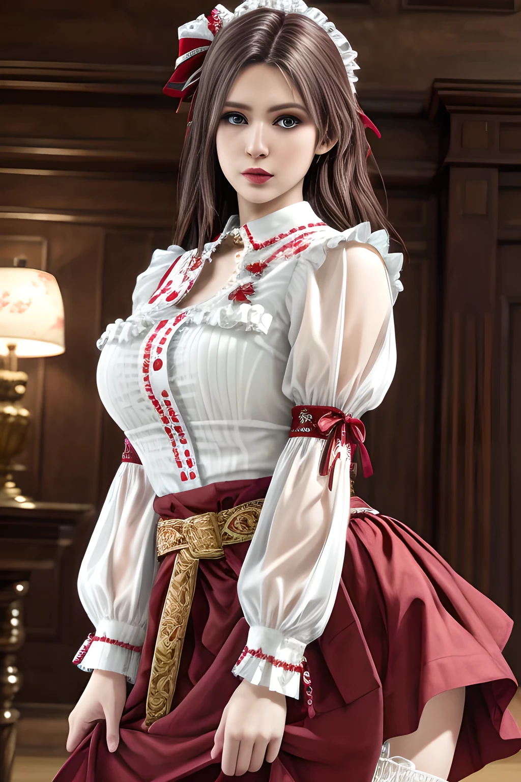 1girl,wearing a traditional-style outfit with a rich historical and folk-inspired aesthetic. Her white blouse features ruffled details and intricate embroidery, with red and white striped sleeves and ribbon embellishments on the upper arms. The red skirt is adorned with pleats and lace trims, and a brown belt with floral decorations and tassels wraps around her waist, adding a touch of authenticity to the look. The overall outfit exudes a sense of timeless charm and cultural heritage, ,beautiful detailed eyes, beautiful detailed lips, extremely detailed eyes and face, long eyelashes, (best quality,4k,8k,highres,masterpiece:1.2), ultra-detailed, (realistic,photorealistic,photo-realistic:1.37), sharp focus, vivid colors, HDR, studio lighting, physically-based rendering,elise