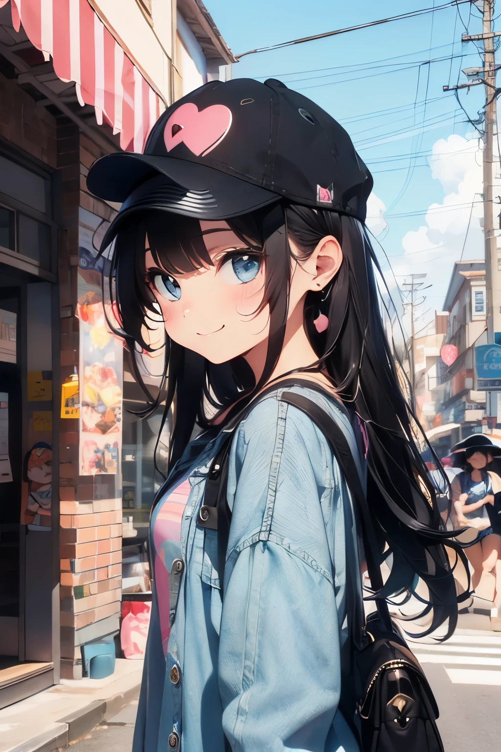 chibi character,Sporty motif,(brush),((cute,kawaii,wonderland)),((pastel color)),((Cute assortment)),(A shy smile),((Sporty shoulder bag:1.1)),((Casual denim clothing:1.3)),Shiny hair,(Natural Color),((cap🧢:1.2)),(Retro、modern:1.25),(long black hair hair:1.25),(Meeting).