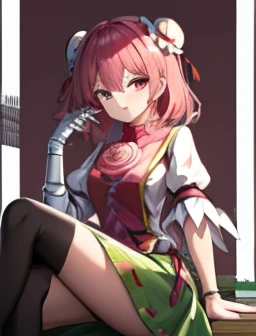 Highest quality、touhou project 、Kasen Ibaragi、Black tights、Floral chest ornament、Pink Hair、Tatami room、Sitting