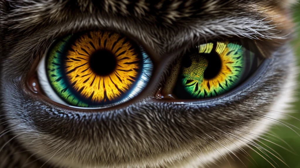 A close-up of an animal's eye, showcasing the intricate patterns and vibrant colors of the iris. The eye reflects the surrounding world, capturing a small window of a forest with trees and sunlight. The iris features unique, complex patterns with gradients of green and gold, and the pupil is vertical, typical of a cat. The scene also includes the reflection of the animal's fur around the eye, adding depth and texture. The overall image evokes a sense of mystery and beauty, highlighting the captivating nature of the animal's gaze.