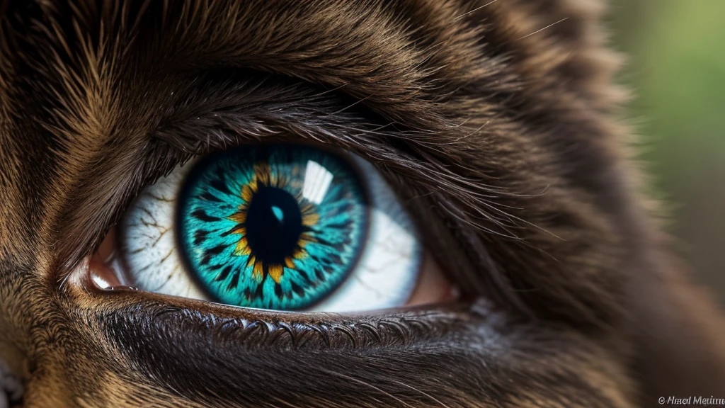 A close-up of an animal's eye, showcasing the intricate patterns and vibrant colors of the iris. The eye reflects the surrounding world, capturing a small window of a forest with trees and sunlight. The iris features unique, complex patterns with gradients of green and gold, and the pupil is vertical, typical of a cat. The scene also includes the reflection of the animal's fur around the eye, adding depth and texture. The overall image evokes a sense of mystery and beauty, highlighting the captivating nature of the animal's gaze.