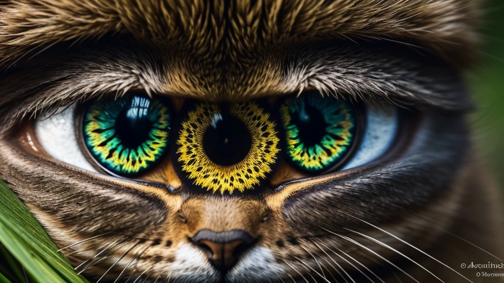 A close-up of an animal's eye, showcasing the intricate patterns and vibrant colors of the iris. The eye reflects the surrounding world, capturing a small window of a forest with trees and sunlight. The iris features unique, complex patterns with gradients of green and gold, and the pupil is vertical, typical of a cat. The scene also includes the reflection of the animal's fur around the eye, adding depth and texture. The overall image evokes a sense of mystery and beauty, highlighting the captivating nature of the animal's gaze.