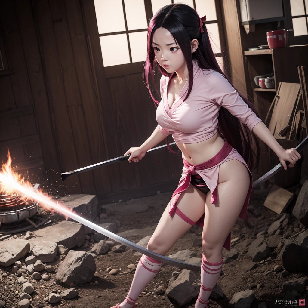 full body angle, realistic photography, canon EOS 5D, Japanese animation Demon Slayer, Nezuko Kamado, Pale Pinkeyes, black andred hair, pink flare is wrapped around my body, I'd like to transform it into a real person, live-action style, set in a realistic environment