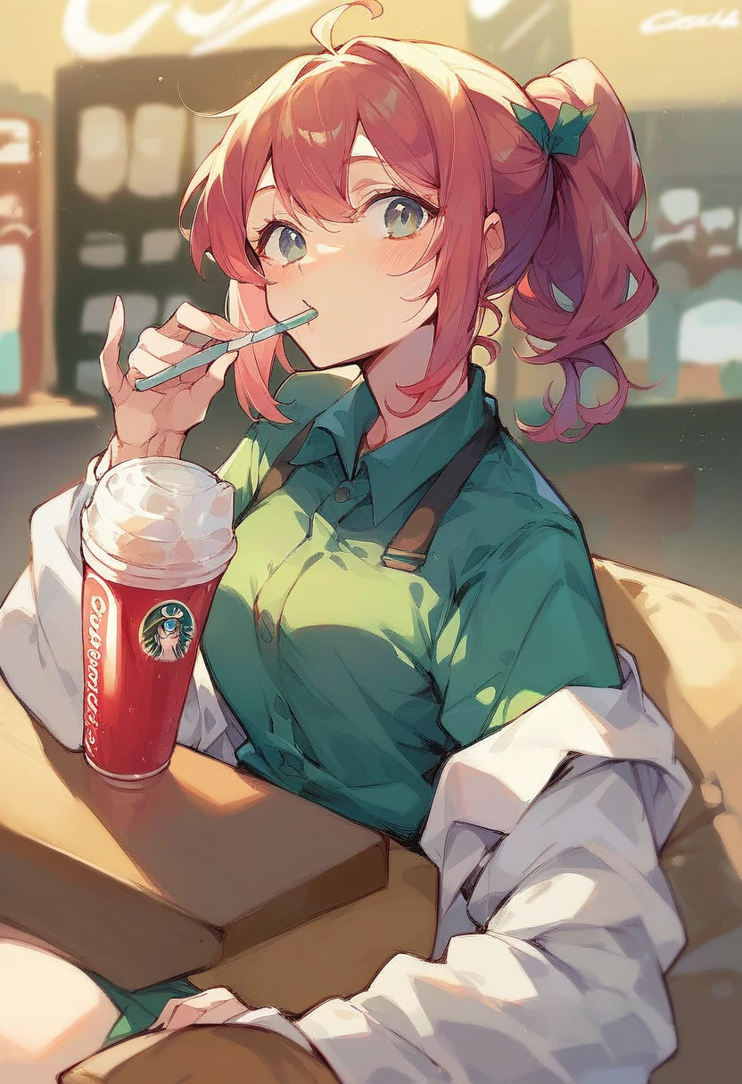 College student drinking a Pepsi Cola inside a Starbucks store.,リアル