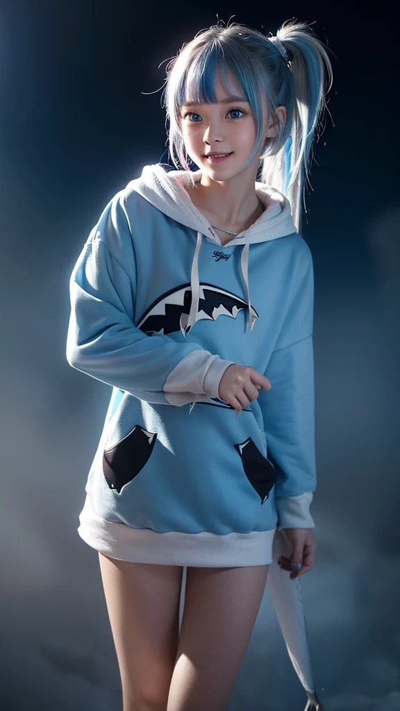 (masterpiece), 8K CG, Amazingly beautiful girl, intricate deTails, Chromatic Aberration, ((Half-length photo)), ((looking at the audience)), 1 Girl, (mouth, Colorful hair, blue eyes, side ponyTail, Blue Shark Hoodie, Shark Hair Accessories, Tail, short hair), (blue eyes, Shining eyes, extremely deTailed eyes), extremely beautiful and delicate portrait, , Cute face, A bright smile, hapiness, soft cheeks, blush, cosmetic, absurd, movie lighting, Dynamic Lighting, fantasy, ((Dark background, FOG))