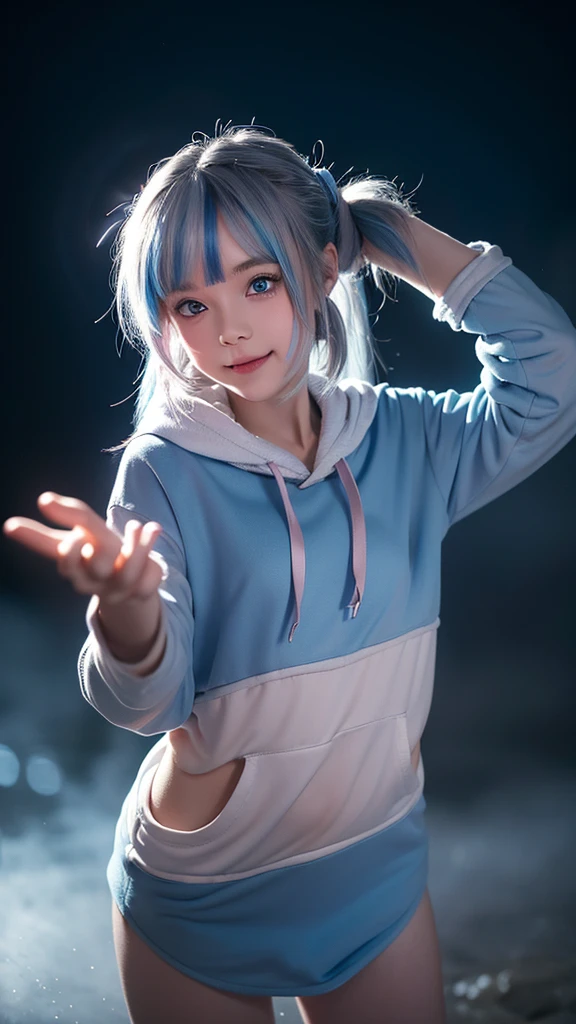 (masterpiece), 8K CG, Amazingly beautiful girl, intricate deTails, Chromatic Aberration, ((Half-length photo)), ((looking at the audience)), 1 Girl, (mouth, Colorful hair, blue eyes, side ponyTail, Blue Shark Hoodie, Shark Hair Accessories, Tail, short hair), (blue eyes, Shining eyes, extremely deTailed eyes), extremely beautiful and delicate portrait, ************, Cute face, A bright smile, hapiness, soft cheeks, blush, cosmetic, absurd, movie lighting, Dynamic Lighting, fantasy, ((Dark background, FOG))