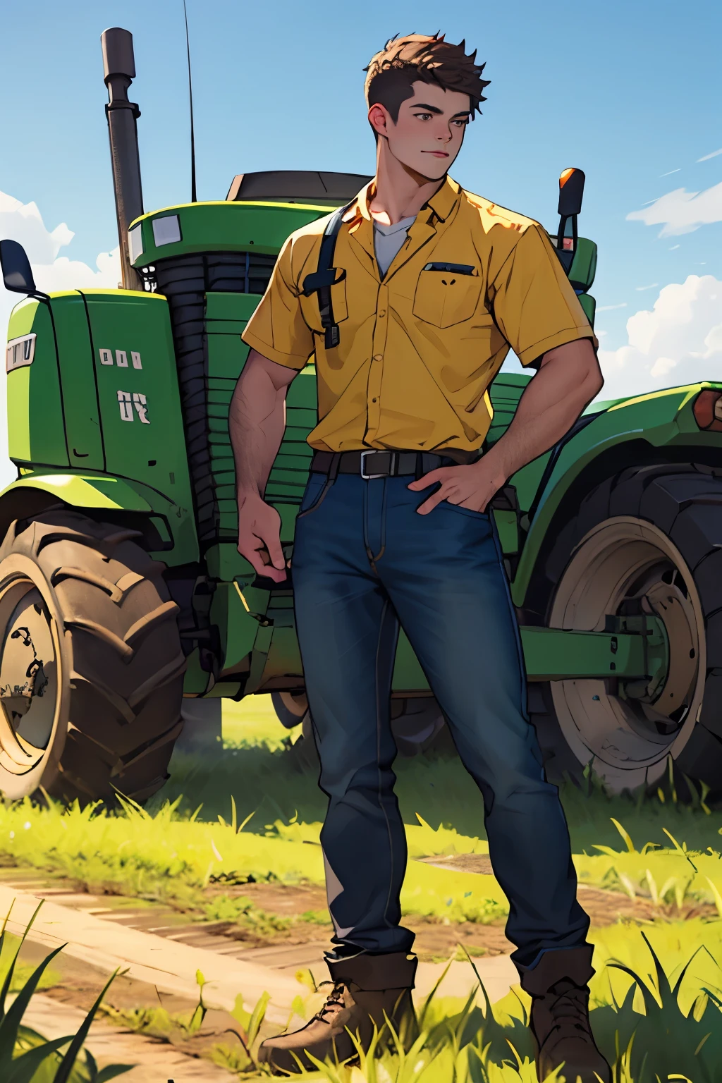 A confident young man, bright future, buisness, farmer, tractor, farmtrac tractor, shit on tractor