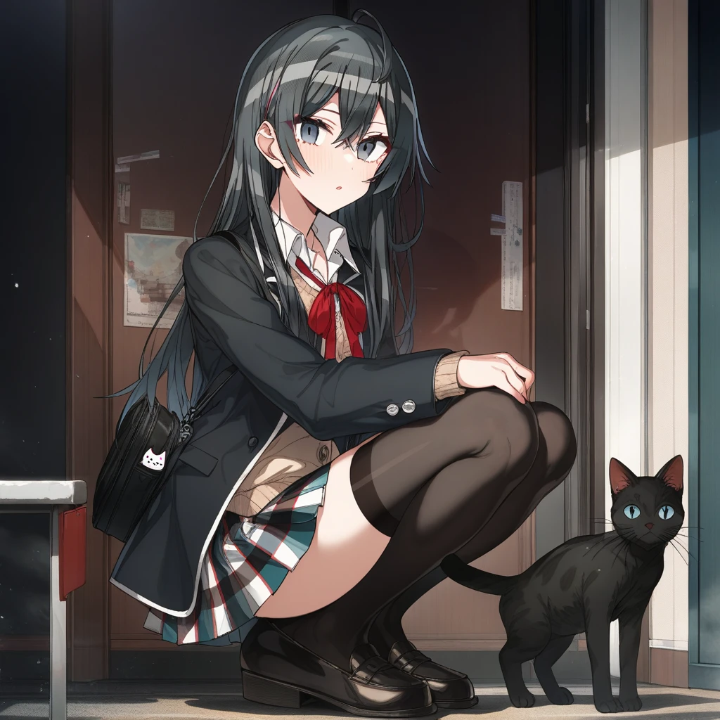 1girl, erere, absurdres, official art, absurdres, yahari ore no seishun lovecome wa machigatteiru., yukinoshita yukino, 1girl, bag, black eyes, black hair, black jacket, black thighhighs, blazer, cat, copyright name, jacket, loafers, long hair, looking at viewer, parted lips, plaid clothes, plaid skirt, pleated skirt, school bag, , shoes, shoulder bag, skirt, sobu high , solo, squatting, thighhighs, ((very aesthetic, best quality, ultra detailed)), rating:safe,
