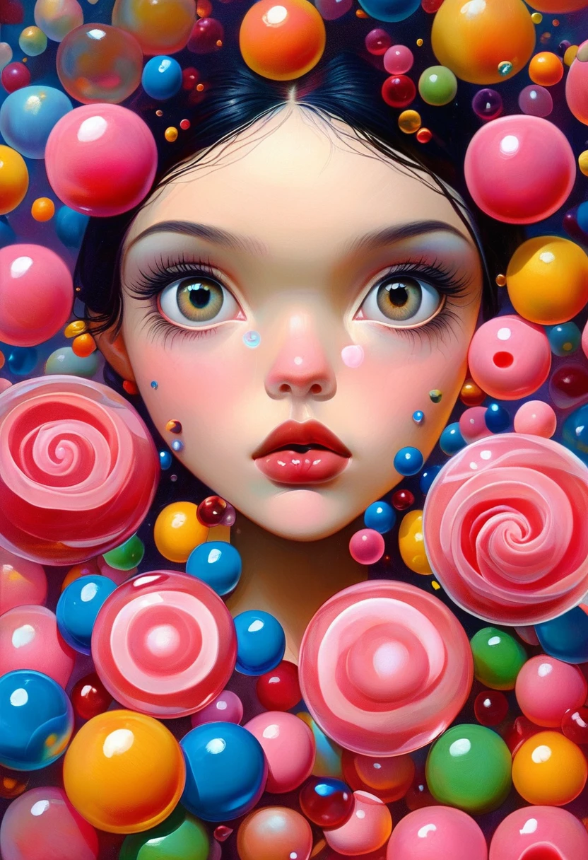 A young woman in a surreal, dreamlike environment, with beautifully detailed eyes and lips, surrounded by floating French bubble gum, inspired by the art of Frida Kahlo, masterpiece, best quality, 8k, highres, ultra-detailed, photorealistic, vivid colors, studio lighting, professional