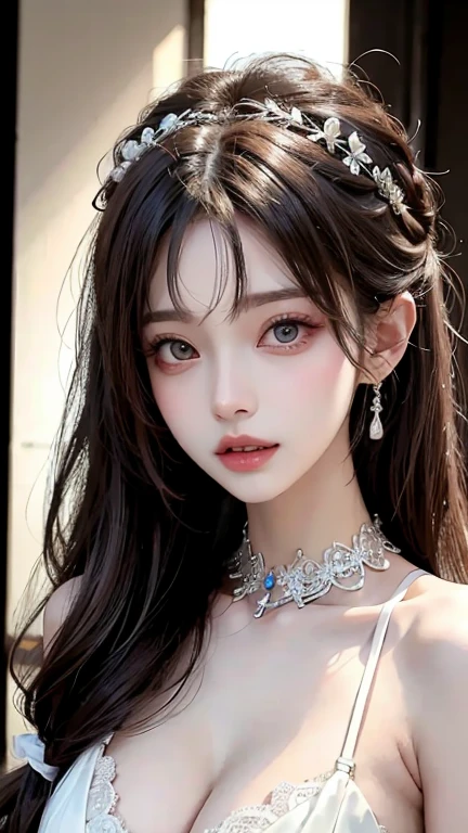 Beautiful woman with perfect figure:1.4,Layered Hairstyles,Protruding cleavage,lace headband:1.5,Highly detailed face and skin texture,double eyelid,Whitening the skin,collar
