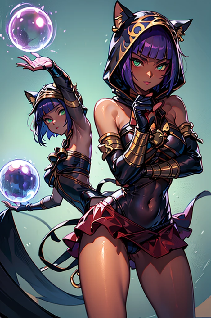 (i-balance-pose),best quality, absurdres, 1girl, beautiful legs, menat_holiday, crystal ball, light smile, dark skin, Green eyes, egyptian, bob cut, red dress, (black hood), black gloves,(shiny thighs),, tail, bell, bare shoulders,sexy thighs,close up,,solo,panty shot,evil smile,stretching