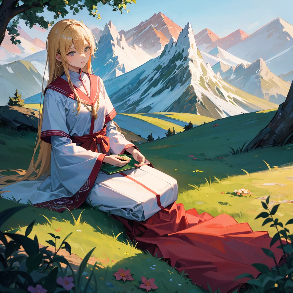 Ordained, long hair, messy, straight front, meditating, under a tree, on a high mountain, behind are mountains big and small as far as the eye can see, calm, heal the mind.