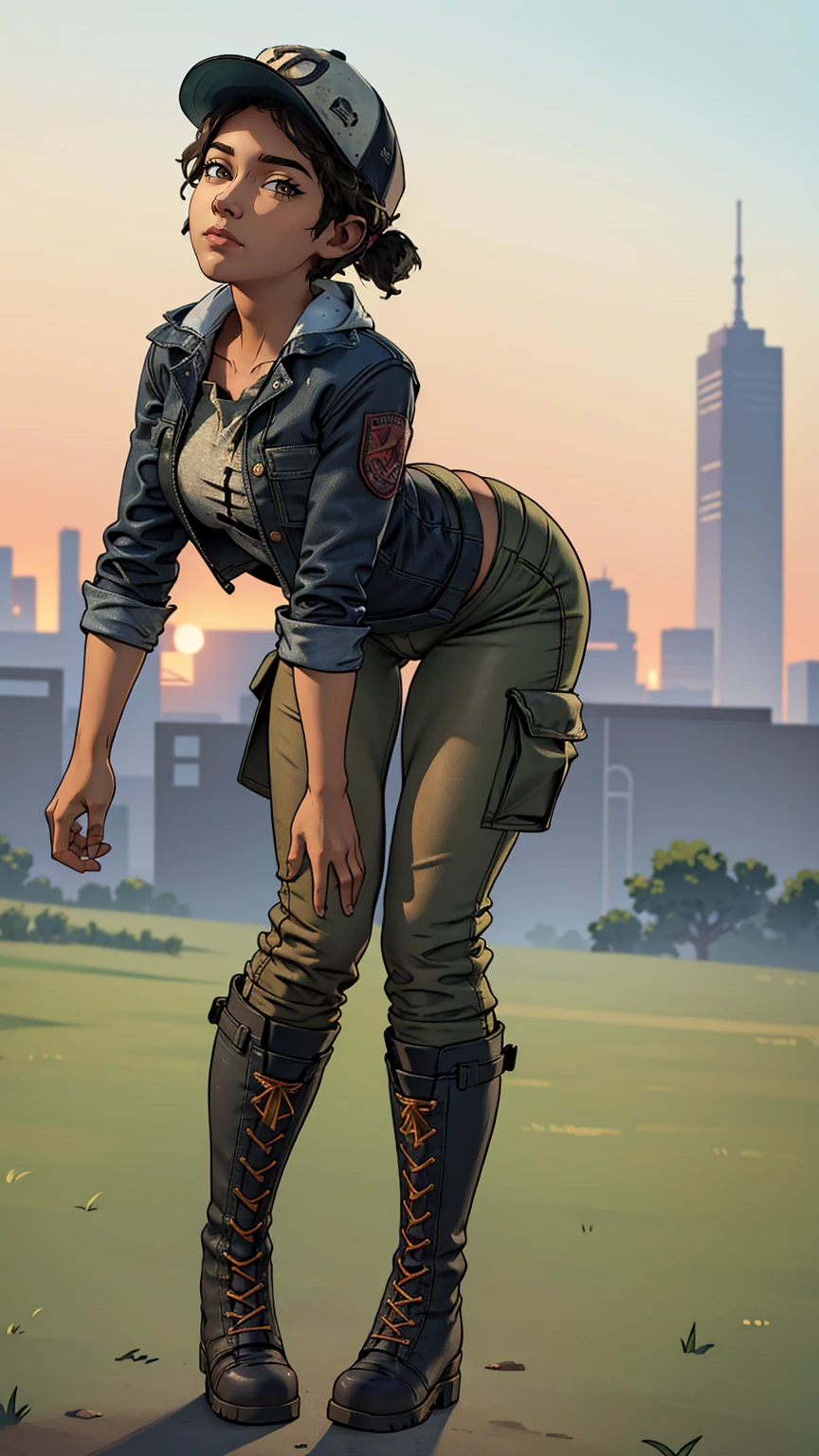 ((masterpiece, best quality)),(complex lighting) ,solo,(((1girl))) ,clementine, light skin,light-skinned female, baseball cap, green cargo pants, brown eyes, tight pants, combat boots, shirt, short hair, one short ponytail, open denim jacket, huge butt, thicc butt , (((8k))), (((full body))), (((bent over))), (((looking at the viewer))), cameltoe