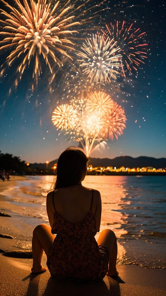 On a sandy beach in Japan on a summer night、Sitting on the sand、Two Japanese men and women watching fireworks。His back is turned towards me。Men and women in their late 20s, 
Detailed、8K、Works by professional photographers、wallpaper、Detailed Characters、detailed background、detailedLight、Delicate lighting、Nostalgic atmosphere、Film-like photo. The surroundings are dark, but the light from the fireworks spreads beautifully. Fireworks are golden。There are no fireworks on the ground。 Fireworks reflecting off the beach,No text