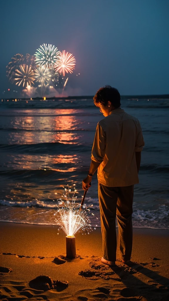 On a sandy beach in Japan on a summer night、Sitting on the sand、Two Japanese men and women watching fireworks。His back is turned towards me。Men and women in their late 20s,
Detailed、8K、Works by professional photographers、wallpaper、Detailed Characters、detailed background、detailedLight、Delicate lighting、Nostalgic atmosphere、Film-like photo. The surroundings are dark, but the light from the fireworks spreads beautifully. Fireworks are golden。There are no fireworks on the ground。 Fireworks reflecting off the beach,No text